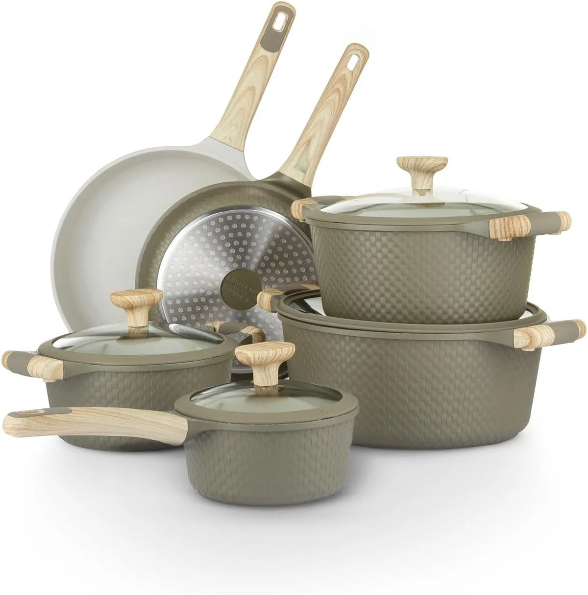 Batteria, 10 pezzi, verde, Batteria pentole 10 pezzi Bambù verde e crema