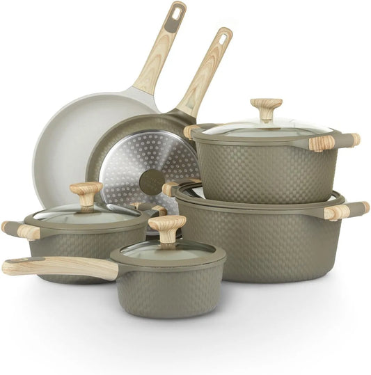 Batteria, 10 pezzi, verde, Batteria pentole 10 pezzi Bambù verde e crema