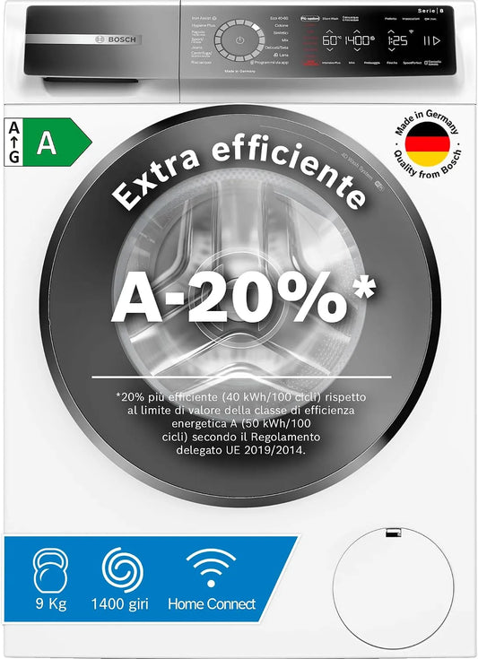 Bosch Serie 8 WGB24400IT Lavatrice, 9 kg, lavabiancheria, WGB24400IT Serie 8 Lavatrice 9kg 1400 giri/min Efficienza A-20%