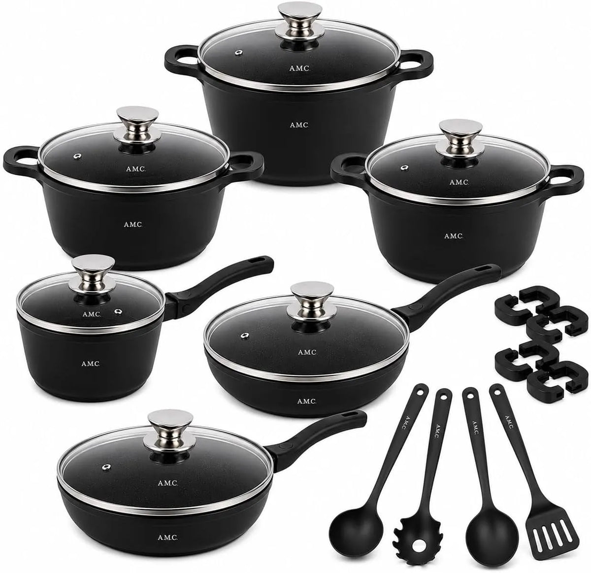 set di pentole e padelle, Batteria, 23 Pezzi, nero, vetro, A.M.C.