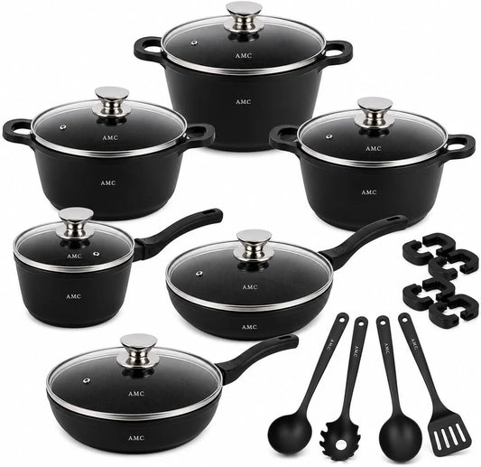 set di pentole e padelle, Batteria, 23 Pezzi, nero, vetro, A.M.C.