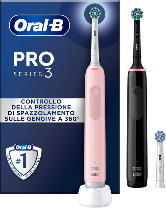 Series 3 Nero/Rosa, Oral-B Pro, 2 Spazzolini Elettrici, 3 Testina