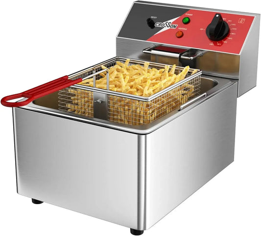 per Cucina Ristorante, Friggitrice Elettrica ad Olio da Inox 3000W con Cestello e Coperchio, Friggitrice Commerciale 6 Litri, Controllo Temperatura