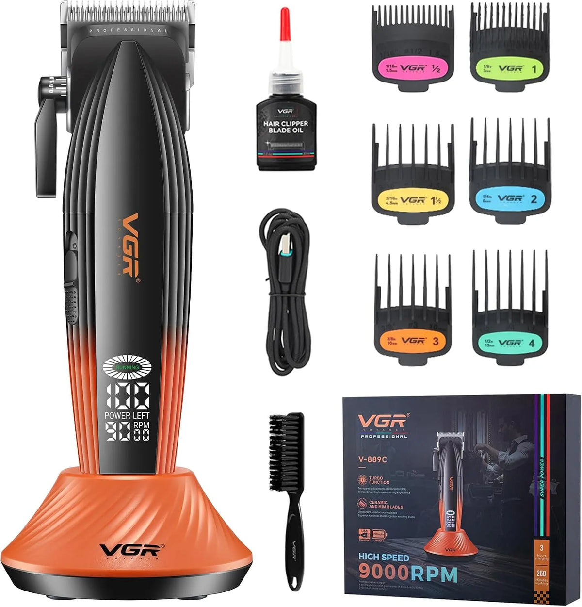 VGR 889C Stazione, USB, professionale, senza fili, per Capelli Regolabile Con Funzione Turbo