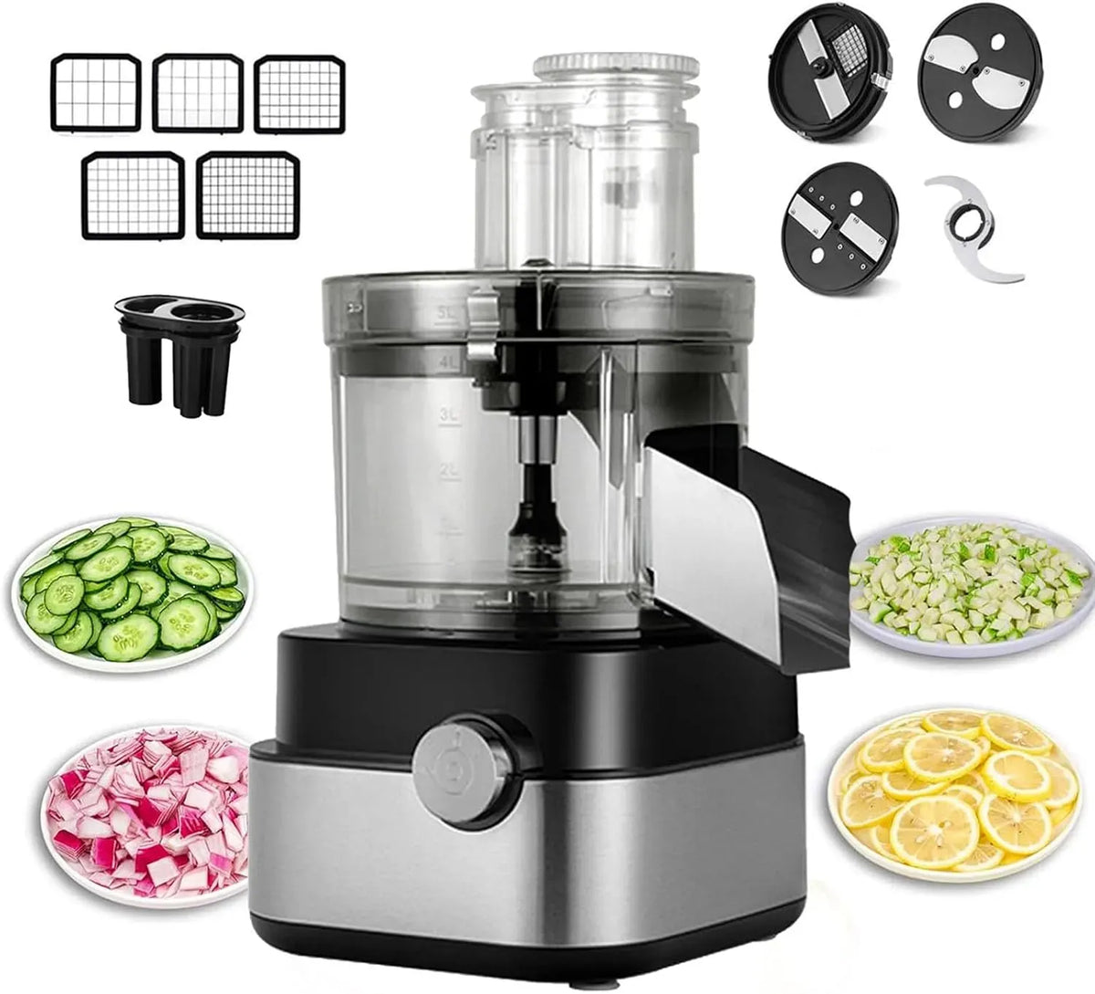 tritura/affetta/taglia a cubetti/macina, doppia velocità, Tagliaverdure elettrico multiuso da 5 l, 5 lame intercambiabili, attacco in acciaio inox