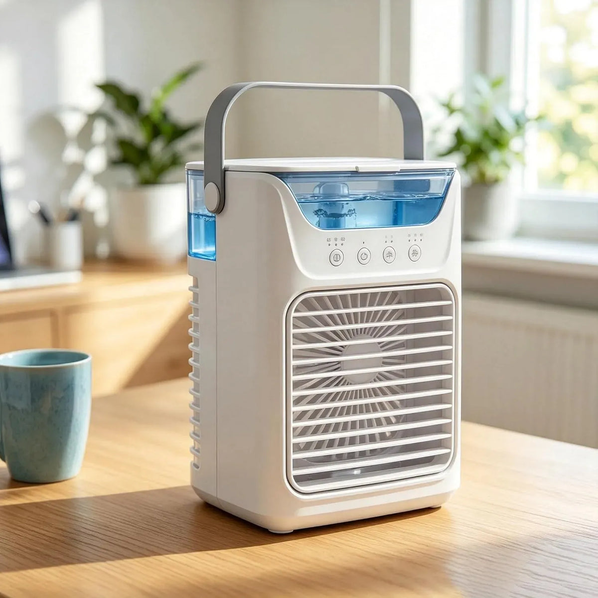 Ventilatore, portatile, 3 velocità, ampio serbatoio, doppio spray per nebbia fredda e 3 velocità del vento, luce notturna a 7 colori