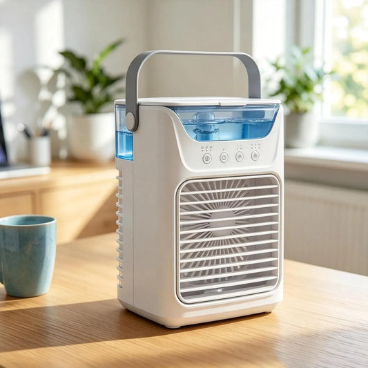 Ventilatore, portatile, 3 velocità, ampio serbatoio, doppio spray per nebbia fredda e 3 velocità del vento, luce notturna a 7 colori