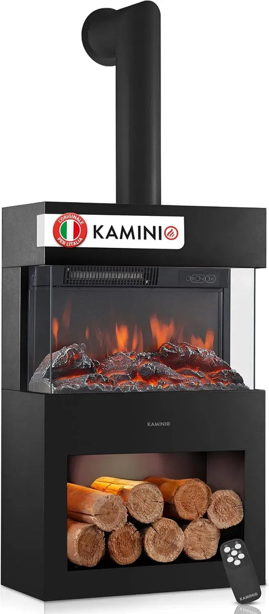 KAMINIO® Henri Camino elettrico da appoggio dotato di tubo per stufa, Nero