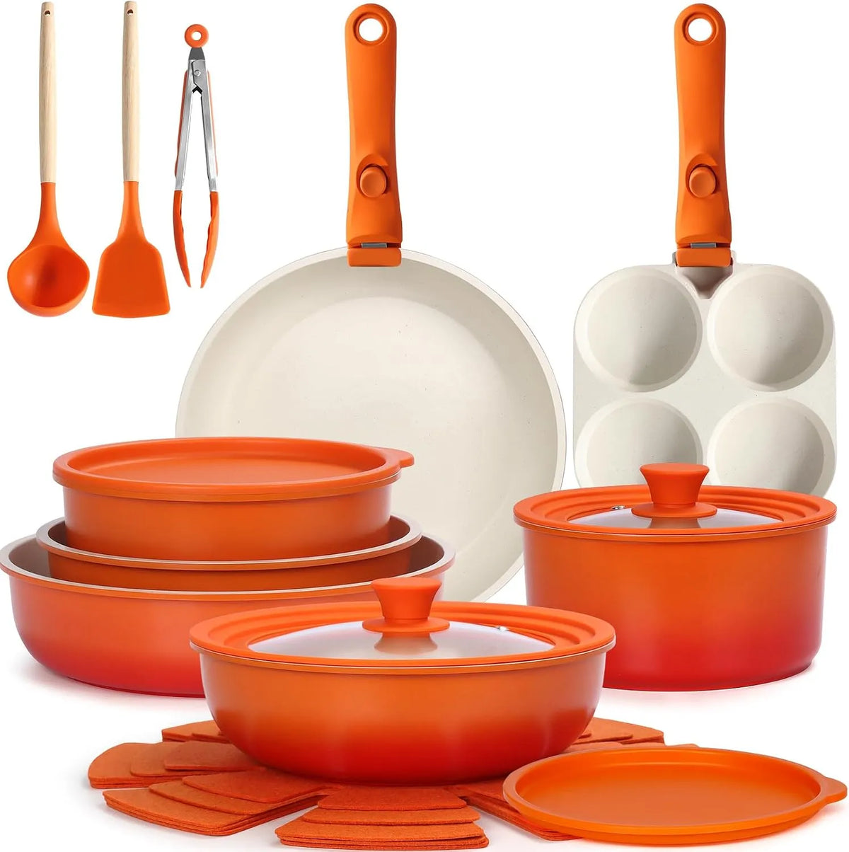 GiPP 21 Pezzi Set di Padelle Antiaderenti, Arancione, Manici Rimovibili