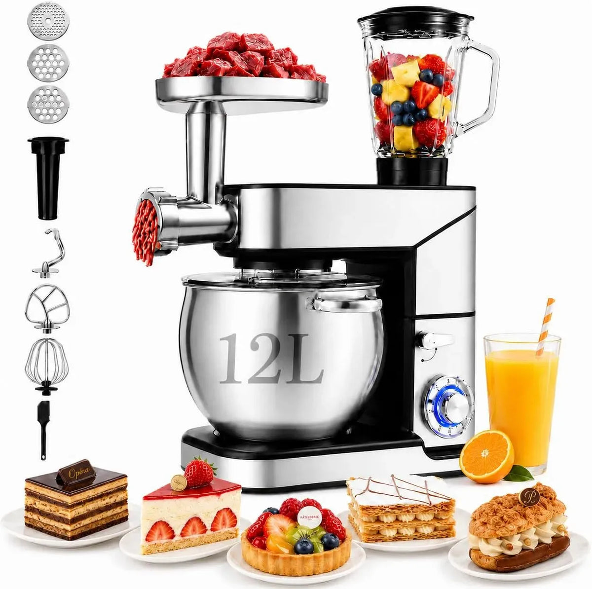 Robot da cucina, 12 L, 2000 W, acciaio inox, argento, Ciotola in Acciaio Inox XXL, 6 Velocità, 1,5 L