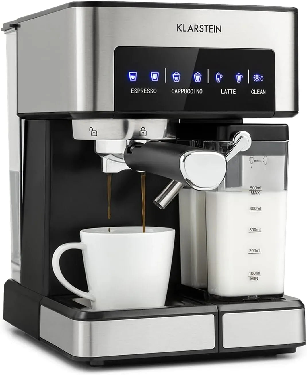 Klarstein Montalatte, 1,8 L, 1350 W, cappuccinatore, ampio serbatoio, acciaio inox, Macchina Caffe Barista da 20 Bar, Serbatoio del Latte da 0,5L