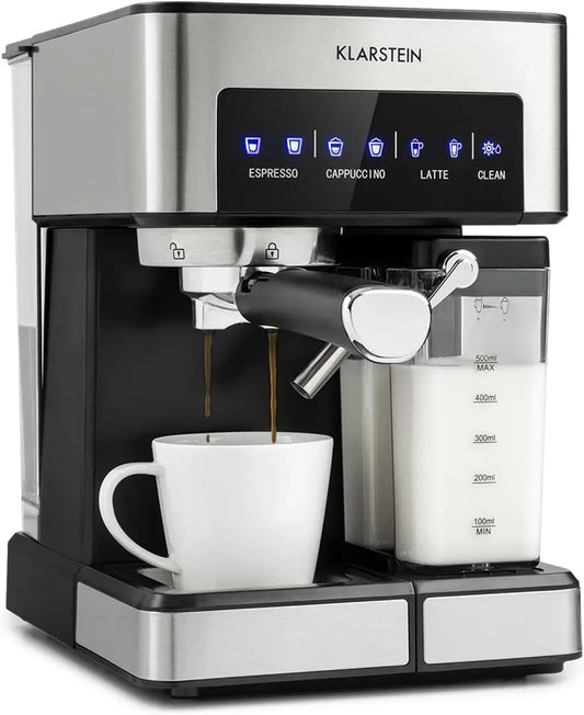 Klarstein Montalatte, 1,8 L, 1350 W, cappuccinatore, ampio serbatoio, acciaio inox, Macchina Caffe Barista da 20 Bar, Serbatoio del Latte da 0,5L