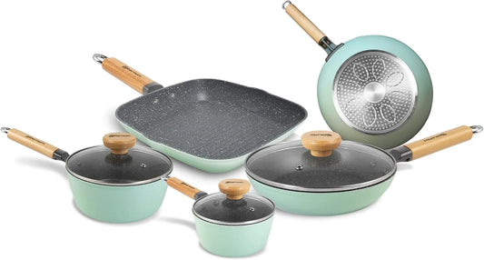 Batteria, 8 Pezzi, verde, legno, Antiaderenti