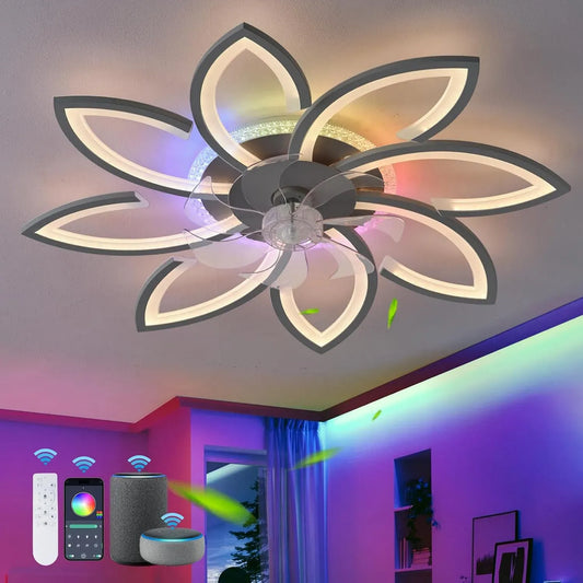 Ventilatore, decorazione del soggiorno, nero, Fiore RGB Lampadario Con Pale