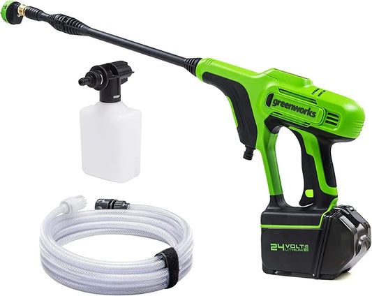 Idropulitrice, 300 W, 24 V, Greenworks G24PW, 300W con Bottiglia di Detersivo e Tubo da 6m con Sifone, SENZA Batteria 24V e Caricabatterie